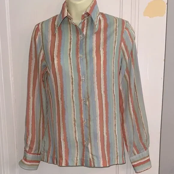 Vintage 70s College Town Striped Orange, Blue, Green, Tan & Cream Shirt - Picture 1 of 9